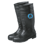 Robuuste zwarte rubberen regenlaarzen met antislipzool en waterdichte constructie.