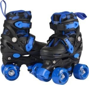 Blue and black inline skates with adjustable straps and wheels for outdoor skating fun.