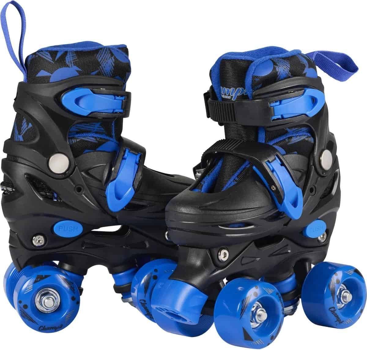 Blue and black inline skates with adjustable straps and wheels for outdoor skating fun.