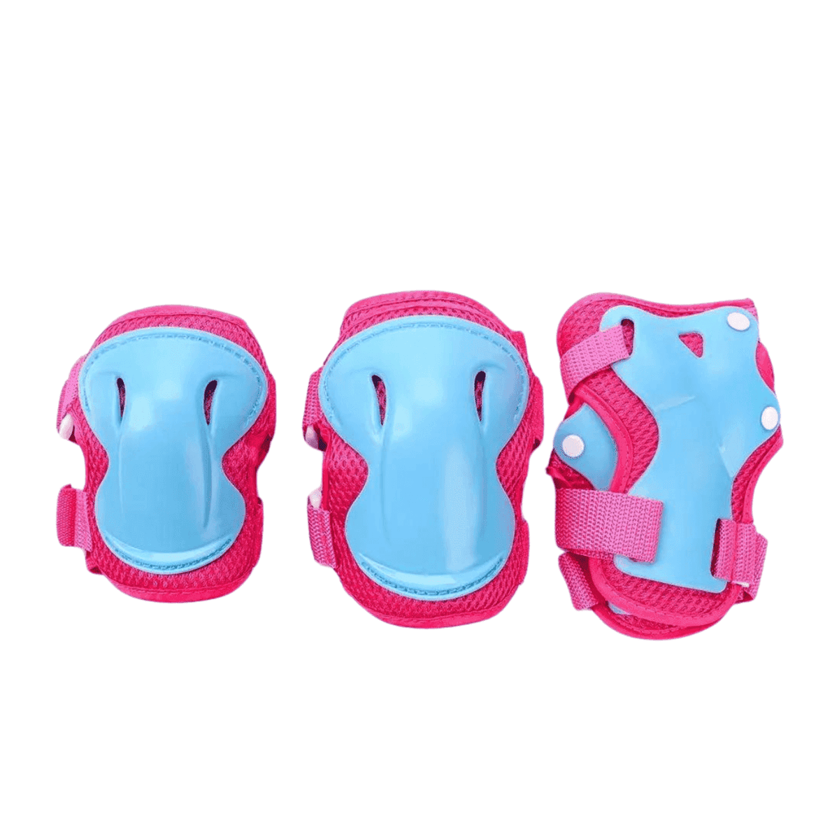 Kniebeschermers voor kinderen in roze en blauw, geschikt voor buitenactiviteiten en skate-ervaringen.