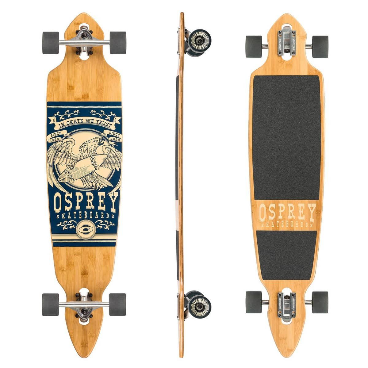 Vintage skateboards met Osprey branding en houten decks voor outdoor skateboardplezier, verkrijgbaar bij Winkel van Hugo.