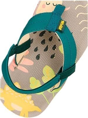 Kleurrijk kindersandwich met band in turquoise en fantasiedessin met bloemen en dieren.