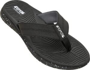 Comfortabele zwarte badsandalen met antislip zool en merklogo voor buitengebruik.