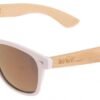Houten zonnebril met witte rand en bruingevulde glazen, uniek en trendy accessoire.