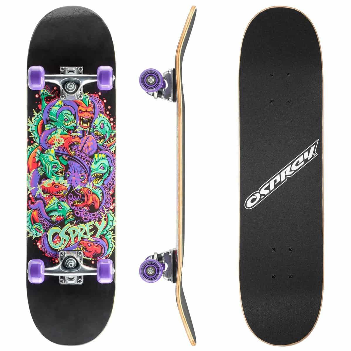 Kunstzinnig skateboard met kleurrijk monster- en dinosaurus ontwerp, perfect voor buitenplezier.