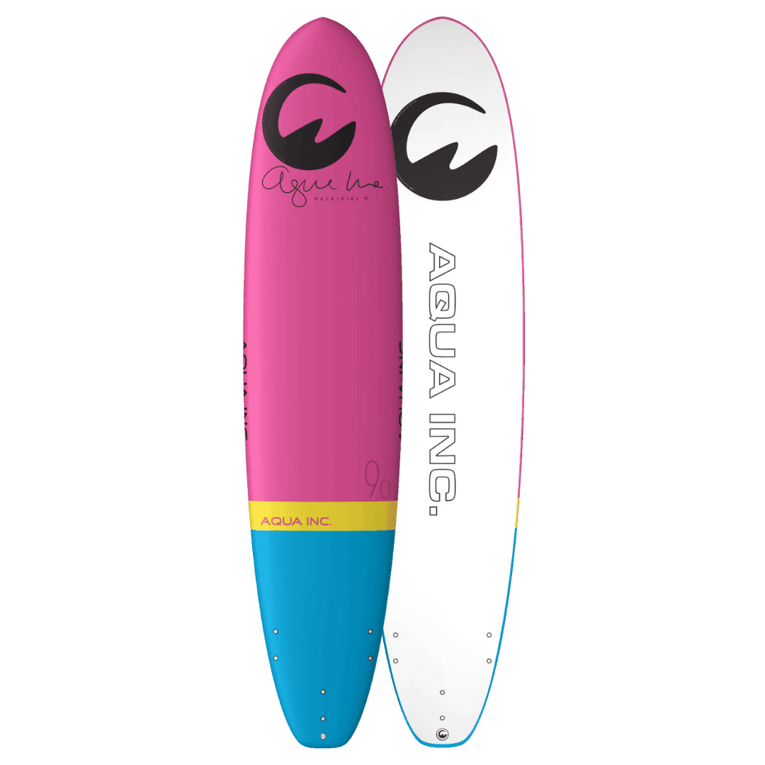 Kleurijke surfboard met Aqua Inc. logo en stijlvol ontwerp voor buitenplezier.