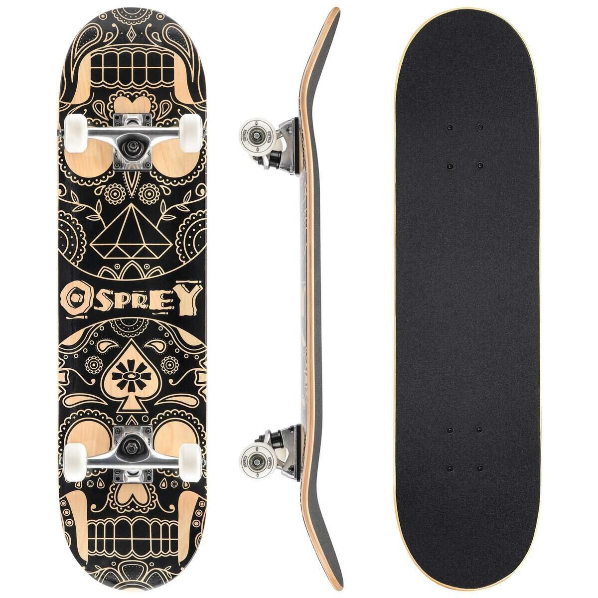 Kunstzinnig skateboard met grafisch skull-ontwerp en luxe afwerking voor buitensportplezier.