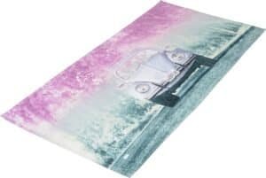 Vintage car and trees print bath mat with colourful yellow-blue pattern, nice decoration for bathroom or pool.
