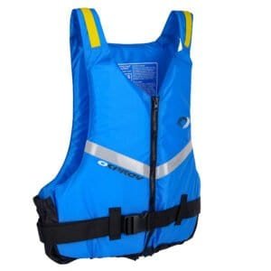 Reddingsvest voor watersporten blauw met reflectie en verstelbare banden.