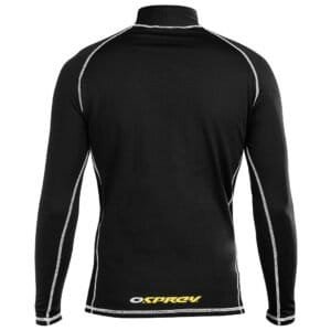 Mooi zwart sportshirt met witte details en logo voor buitensportactiviteiten.