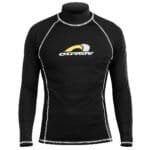 Beschermende rashguard voor watersport en skimboard sporten, zwart met witte details.
