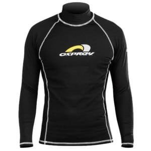 Beschermende rashguard voor watersport en skimboard sporten, zwart met witte details.