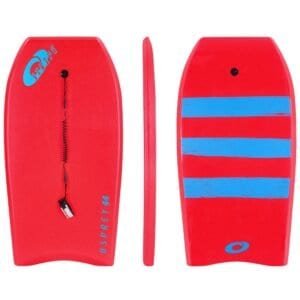 Opblaasbare waterboard met leash in rood en blauw, voor waterplezier en ontspanning.