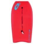High-rescue water board with leash and bright red color, suitable for outdoor water activities.