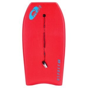 High-rescue water board with leash and bright red color, suitable for outdoor water activities.