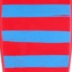 Kleurrijk skateboard met blauwe strepen op een rode achtergrond.