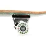 Kwaliteit skateboard wiel met "Osprey" logo, zichtbaar onder de deck, wit met groene en rode details.