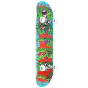 Bovenaanzicht van Osprey Slime Edition skateboard 31 inch, double kick vorm in groen-rood-zwart