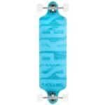 Kleurrijke skateboard met blauwe houten print en witte wielen voor buitenplezier.