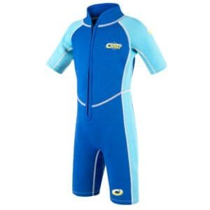 Bleek blauw wetsuit voor kinderen met Osprey logo, geschikt voor watersporten.