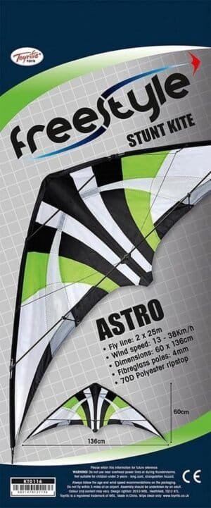 Kite met opvallend zwart-wit groen design voor stuntvluchten en windsurfen.