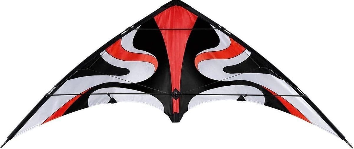 Kitesurfen vlieger met zwart, rood en wit ontwerp voor avontuurlijke buitensporten.