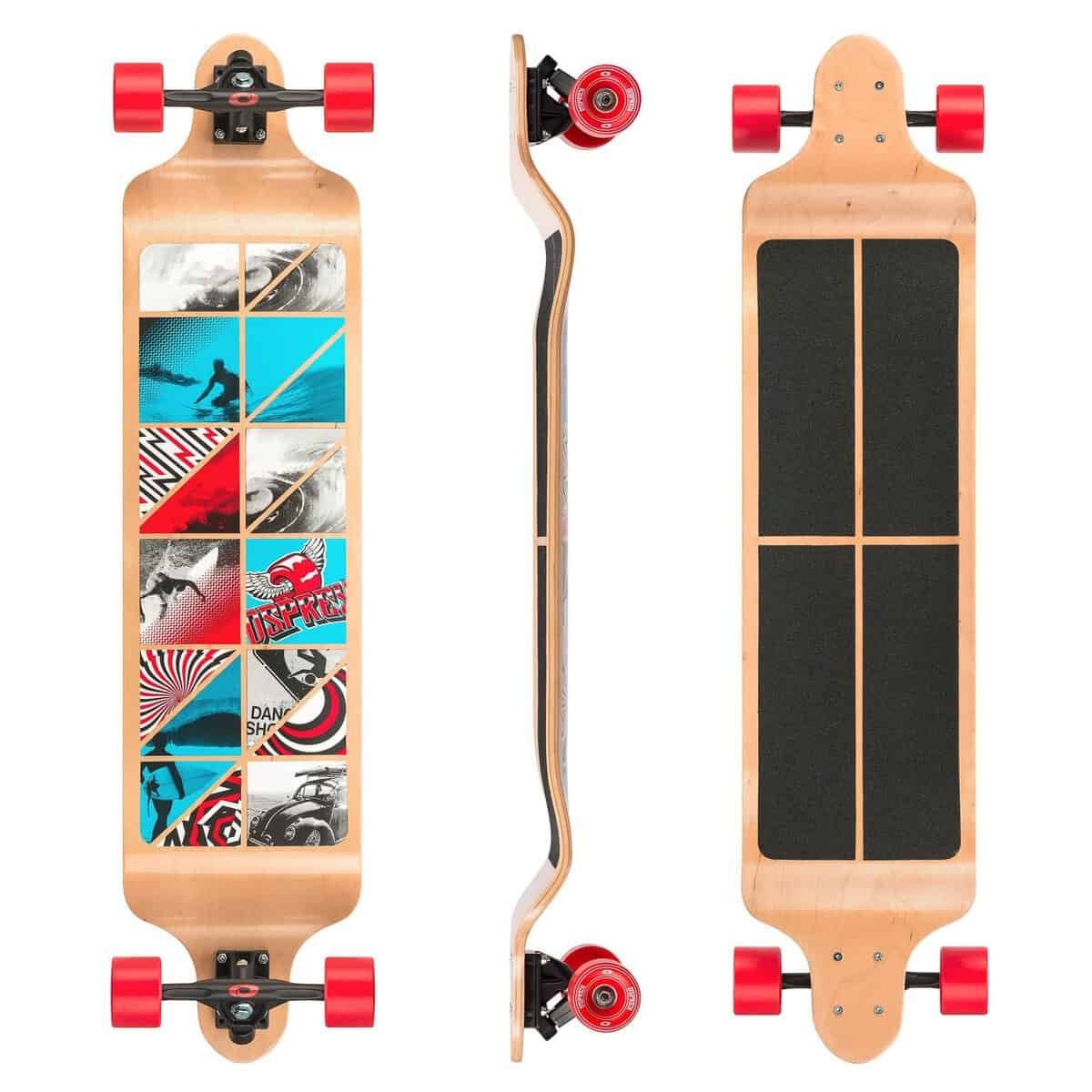 Kleurrijke skateboard met grafische print en rode wielen voor buitenplezier.