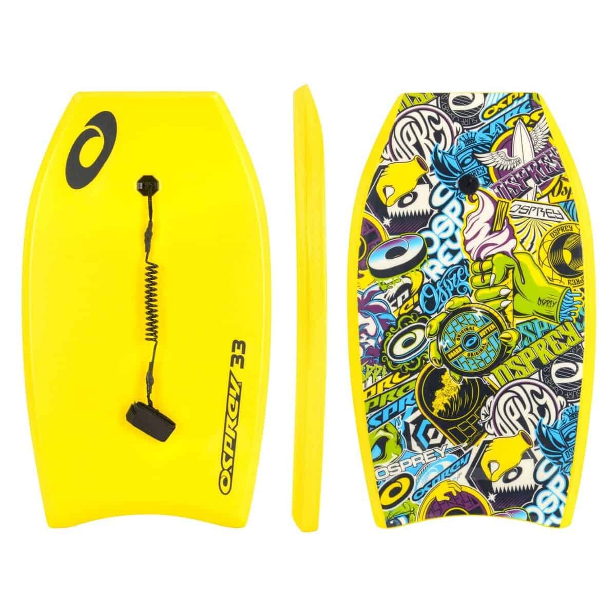 Kleurrijke surfplank met graffiti-achtige ontwerpen en leash voor buitenplezier.