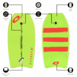 Kleine floater surfboard met groene kleur en rode strepen voor buitenplezier.