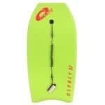 Spraydeck voor watersport en surfen, fel groen met rood logo en verstelbare voetband.