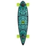 Strapazierbare skateboard met blauw en zwart ontwerp, lichte groene wielen en topkwaliteit voor buitenplezier.