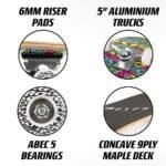Hoge kwaliteit skateboard onderdelen met aluminium trucks en abec 5 lagers.