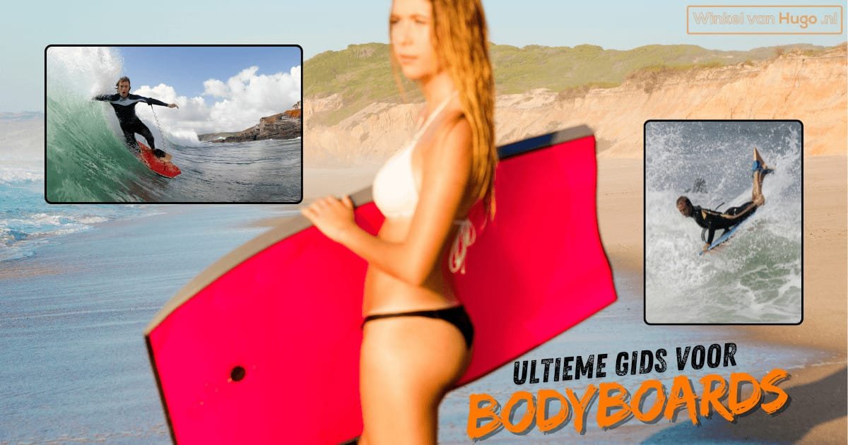 Een vrouw in bikini staat op een strand en houdt een felroze bodyboard vast. In de achtergrond zijn twee kleinere afbeeldingen te zien van surfers die spectaculaire stunts uitvoeren op bodyboards.