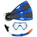 Wow, I see a set of snorkeling gear with fins, mask, snorkel tube, and a wetsuit. Perfect for outdoor water adventures.