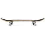 Skateboard met zwart deck, zachte wielen en houten lagen voor outdoor skateplezier.
