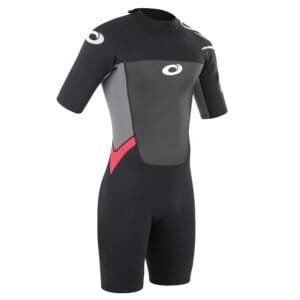 Stretch wetsuit for outdoor sports with flex zones and quick-drying material.