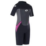 Compressie wetsuit met zwart, grijs en roze details voor watersport en triatlon.