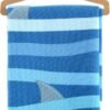 Beach towel with ocean and finfish print, blue and white stripes, suitable for outdoor and sea fun.