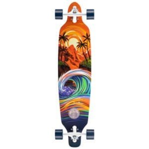 Kleurijke skateboard met tropisch zonsondergang en wave design, ideaal voor buitenplezier.