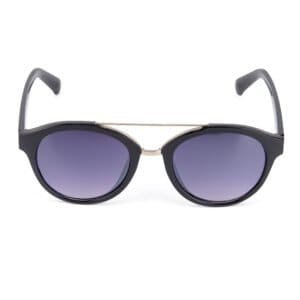 Mooie zwarte zonnebril met ronde paarse lens, trendy en UV-beschermend.