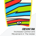 Vibrant surfing board with a colorful, abstract design in green, blue, red, and white.