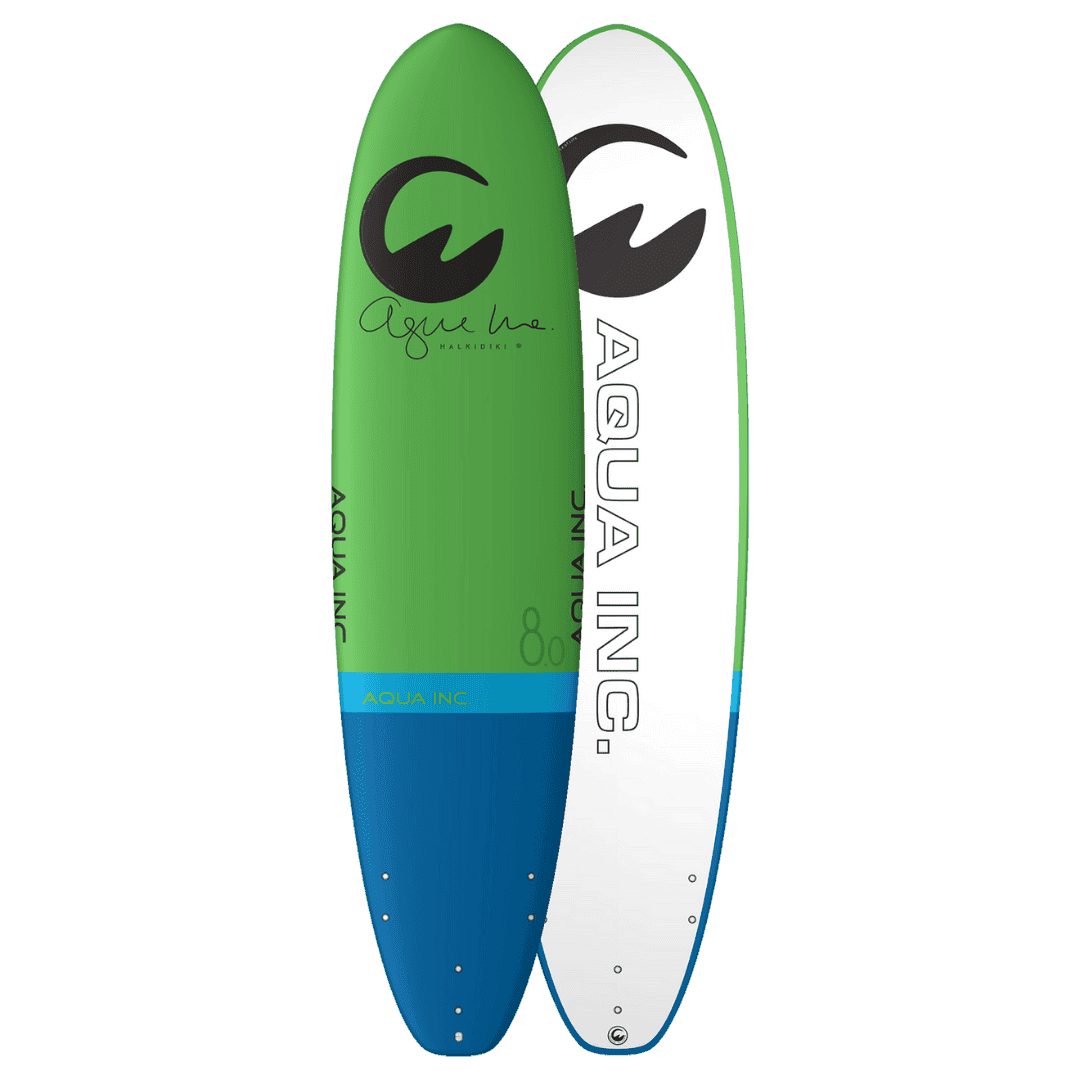 Surfplank met groen, blauw en wit ontwerp, watersport en outdoor skateboard.