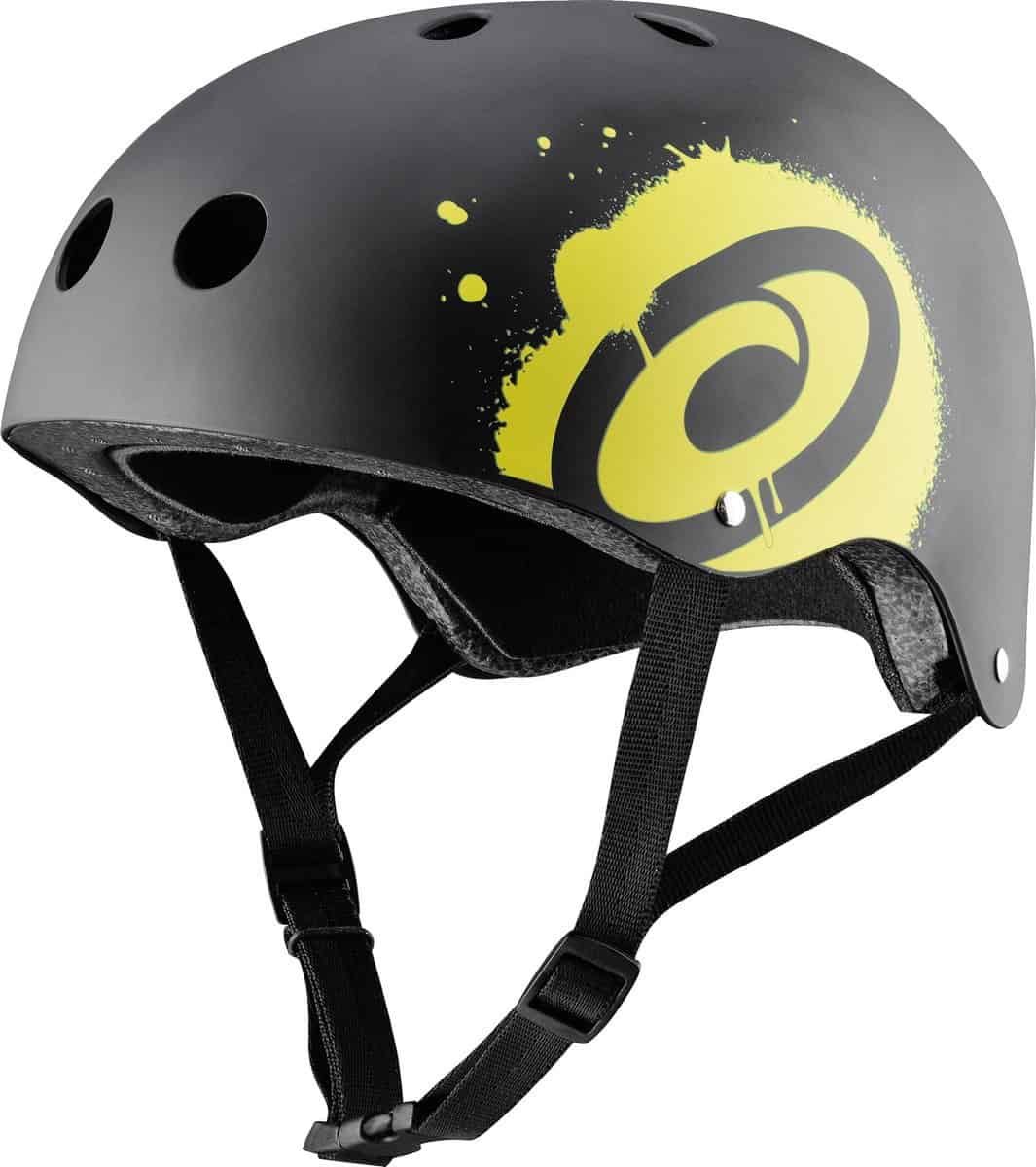 Helm met zwart en geel design, geschikt voor skaten en fietsen.