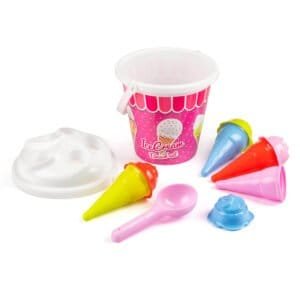 Crème ijs set met emmertje en lepels voor zomers buitenplezier.