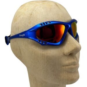 Goggles voor skies en snowboarding, blauw met oranje spiegelglazen, op houten mannequin.