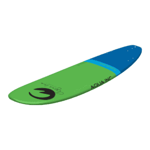 Kunststof skateboard in groen en blauw met logo en merknaam, perfect voor buitenplezier.