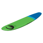 Klein, kleurrijk surfboard voor buitenavonturen, Aqua Inc model in groen en blauw.