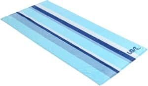 Blue beach towel with stripes and logo for outdoor use.