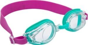 Kleurrijke kinderswimmingbril met roze en turquoise details voor buiten zwemmen.
