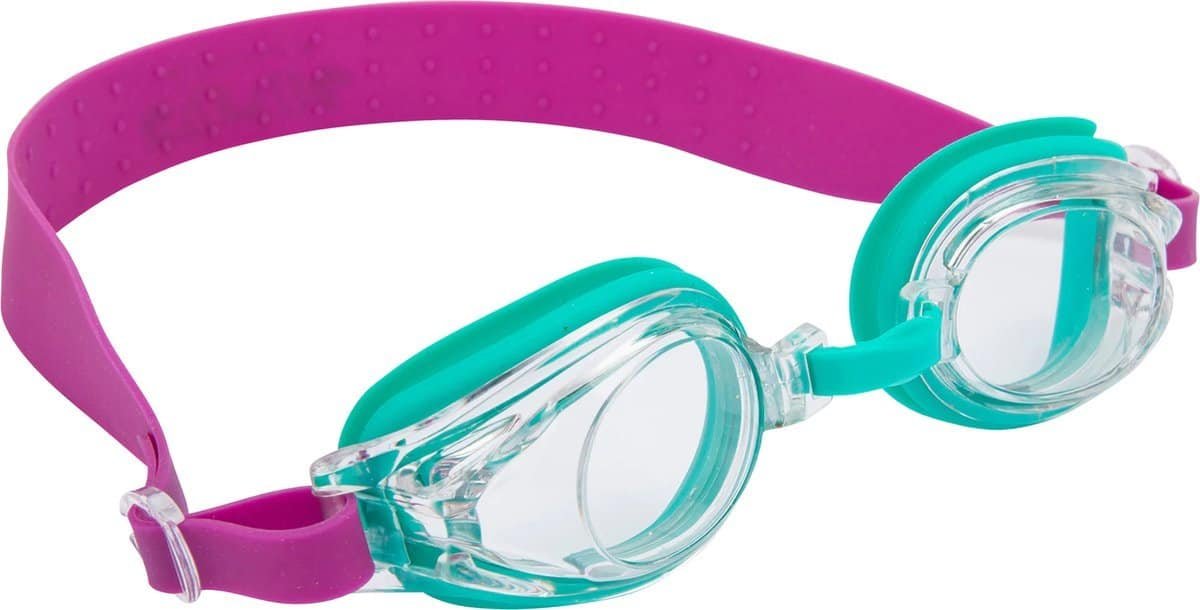 Kleurrijke kinderswimmingbril met roze en turquoise details voor buiten zwemmen.
